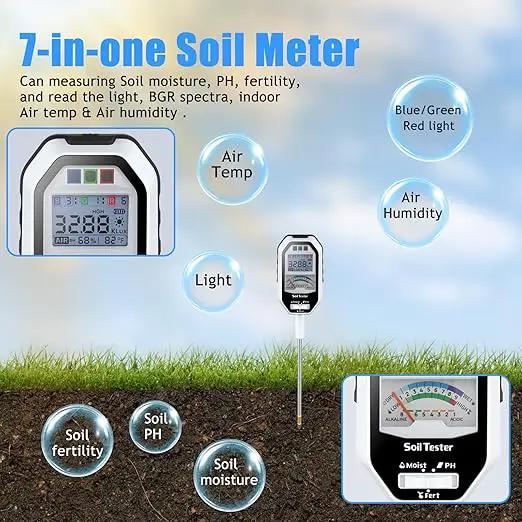 Soil Moisture Meter, 7-in-1 Soil PH Tester/Soil Moisture/Fertility with Removable Probe, LCD Display Air Temp/Air Humidity/Sunlight Intensity/BGR Spectral for Plants Garden, Lawn,Indoor Outdoor Plants by GreenHaven Gardens