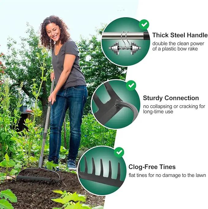 Garden Rake, 6 FT Bow Rakes for Lawns Heavy Duty, Yard Metal Rake with Adjustable Long Handle, 14 Tines Head, Gardening Tool for Loosen Soil, Gather Leaves, Level Mulch, Remove Debris by GreenHaven Gardens