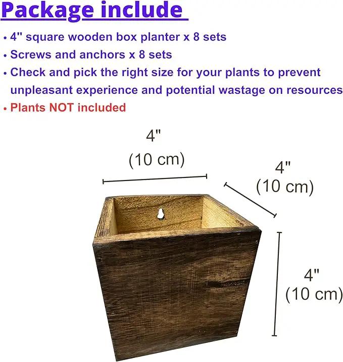 LaLaGreen Wood Planter Boxes for Plants (8 Pack, 4x4 Inch) Small Square Wall Mounted Planters for Indoor Plant, Herb Wooden Box Hanging Flower Pot Plant Holder Outdoor Fence Vertical Garden Home Decor by GreenHaven Gardens