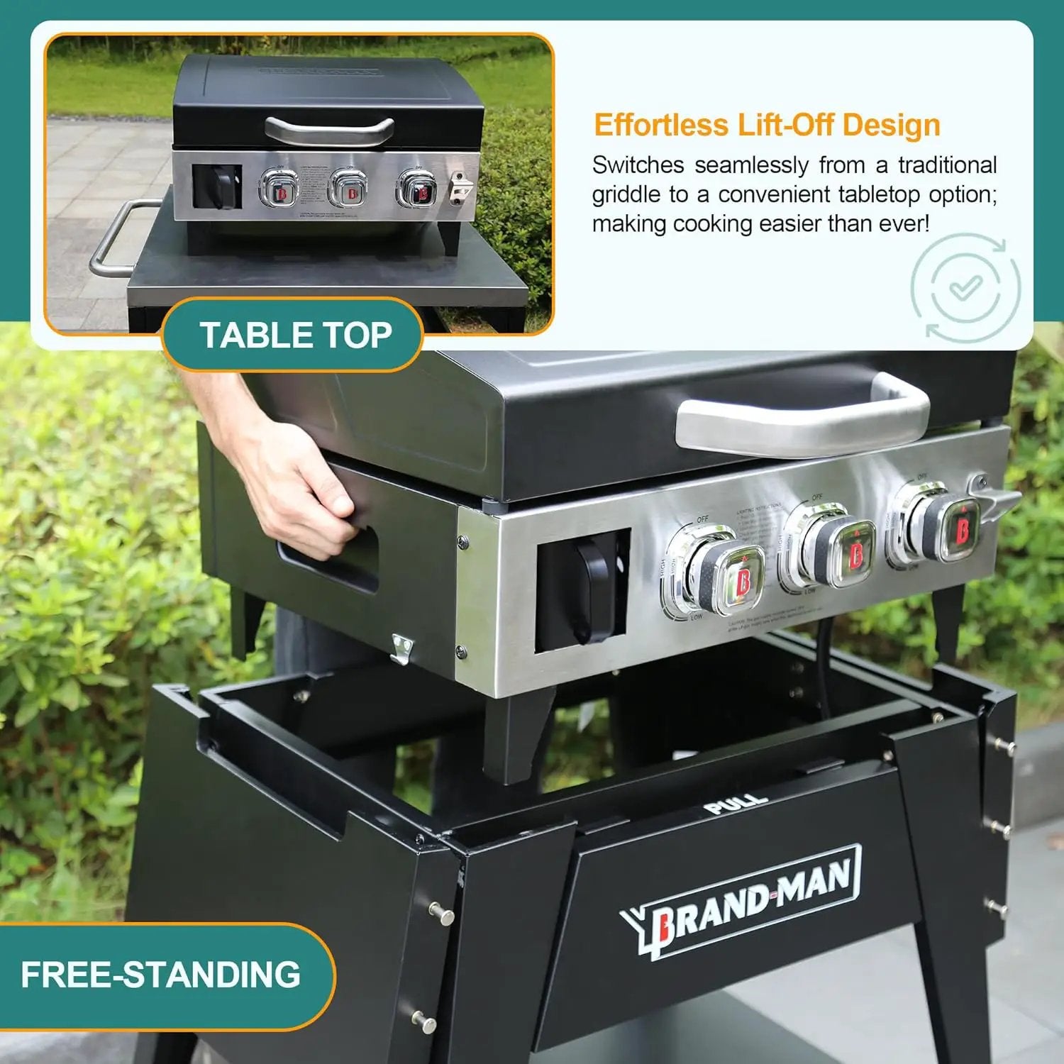 Brand-Man 3-Burner Portable Propane Gas Griddle with Lid - 28,000 BTU Flattop Griddle Grill, 504 Sq. In., Folding Side Tables, Rolling Cart for Outdoor BBQ, Camping, Patio by GreenHaven Gardens