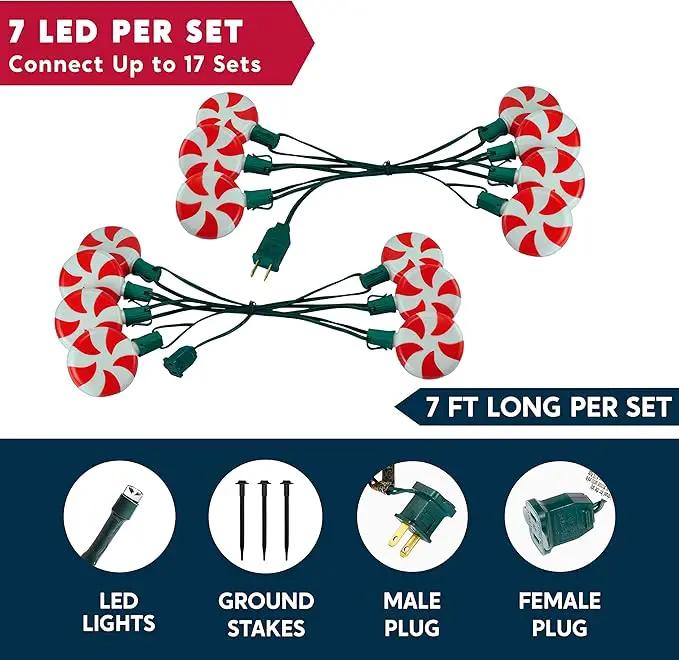 Joiedomi Set of 14 Christmas Lollipop Pathway Lights Outdoor with Stakes and Clips, 14.3 FT Plug in Peppermint Walkway String Lights for Christmas Decoration, Yard, Pluggable, Hangable, Waterproof by GreenHaven Gardens