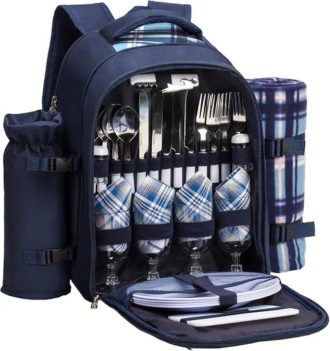 Apollo walker Picnic Backpack Set for 4 with Cooler Compartment,Detachable Bottle/Wine Holder Including Large Picnic Blanket(45"x 53") for Picnic Family and Lovers Gifts,Outdoor,BBQ Time (Blue) by GreenHaven Gardens