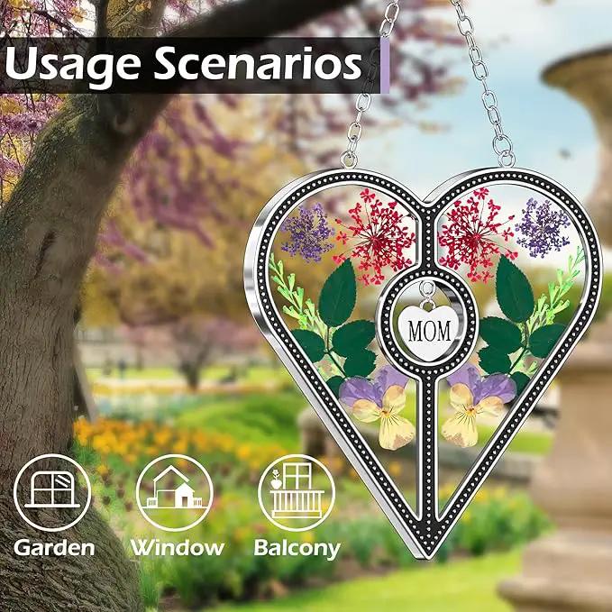 KY&BOSAM Heart Suncatcher Mom Stained Glass for Windows Hangings Wind Chimes with Pressed Flower Heart in Glass with Metal Trim Heart Charm Birthday Gifts for Women Mother`s Day Christams Home Decor by GreenHaven Gardens