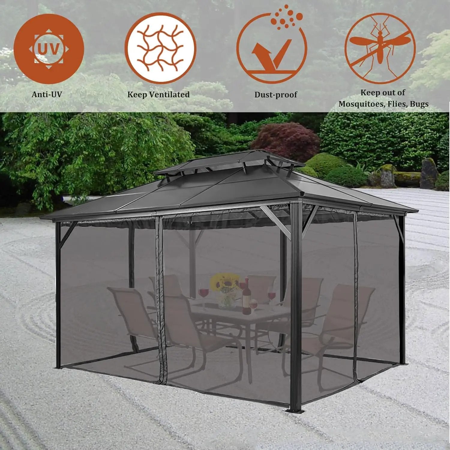 Gazebo Mosquito Netting Replacement 10' x 10' x 7'1'', Universal 4-Panel Screen Sidewall with Zipper, Black (Mosquito Net Only) by GreenHaven Gardens