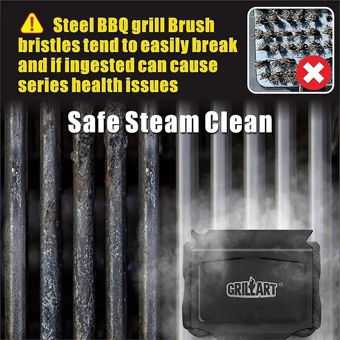 GRILLART Grill Brush Bristle Free. SteamWizards BBQ Replaceable Cleaning Head, Seamless-Fit Scraper Tools for Cast Iron/Stainless-Steel Grates Griddle, Safe Barbecue Grill Cleaner Brush-Dark Black by GreenHaven Gardens