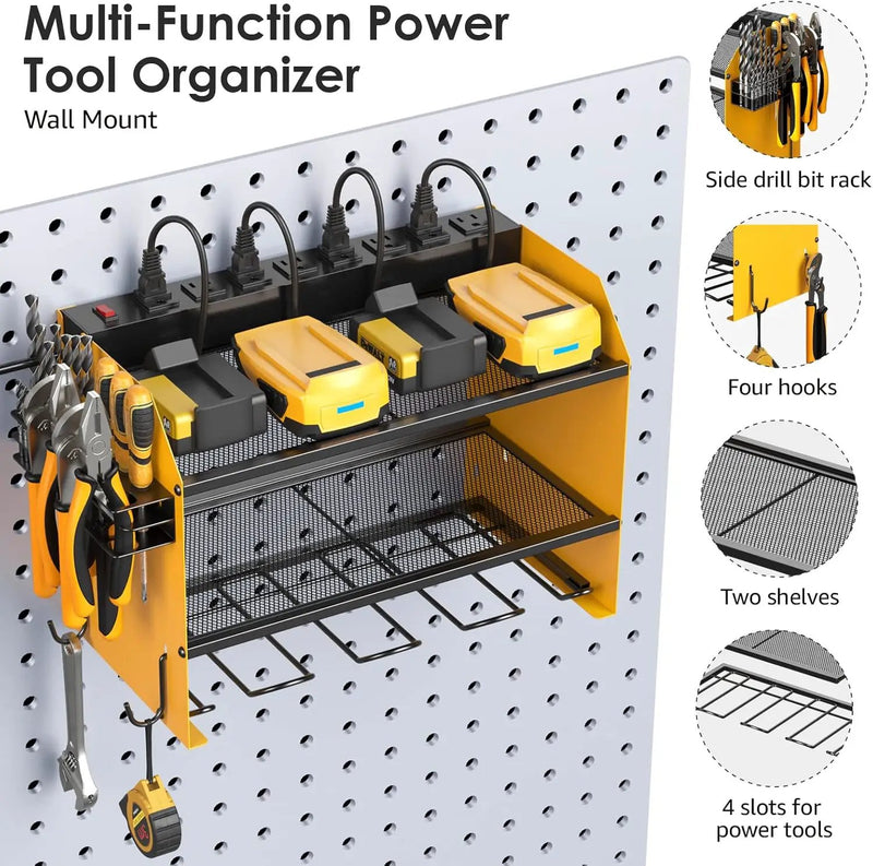 CCCEI Set Power Tool Organizer Wall Mount with Charging Station. Garage 4 Drill Storage Shelf with Hooks, Heavy Duty Metal Tool Battery Charger Organizer. Shop Utility Rack with Power Strip Yellow. by GreenHaven Gardens