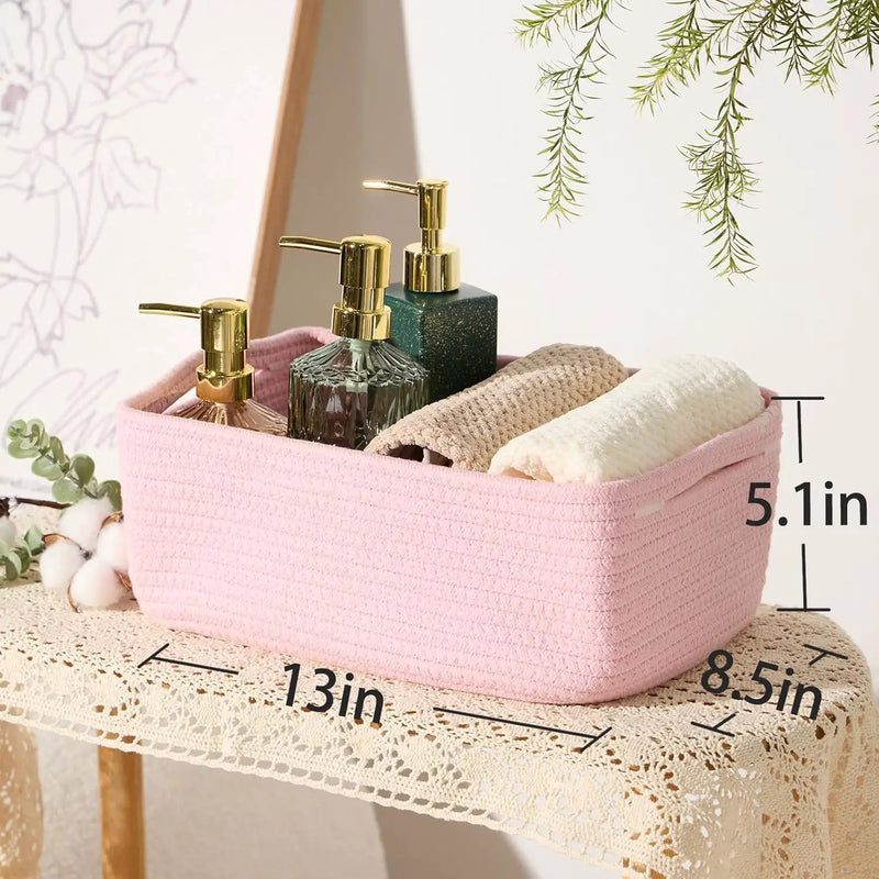 Small Storage Baskets for Organizing | Closet Organizer Bins | Shelf Toy Basket | Woven Rope Baskets | Cube Decorative Box | Shallow Basket | 13x8.5x5.1” | 3 Packs Pink by GreenHaven Gardens