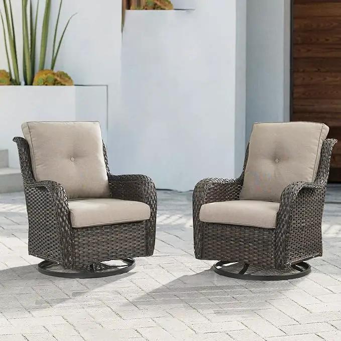 Outdoor Patio Swivel Rocker Chairs - Wicker Rattan Patio Swivel Rocking Chairs Set of 2 with High Back,Deep Seating and Comfort Cushions for Deck Porch Garden,rown/Grey by GreenHaven Gardens