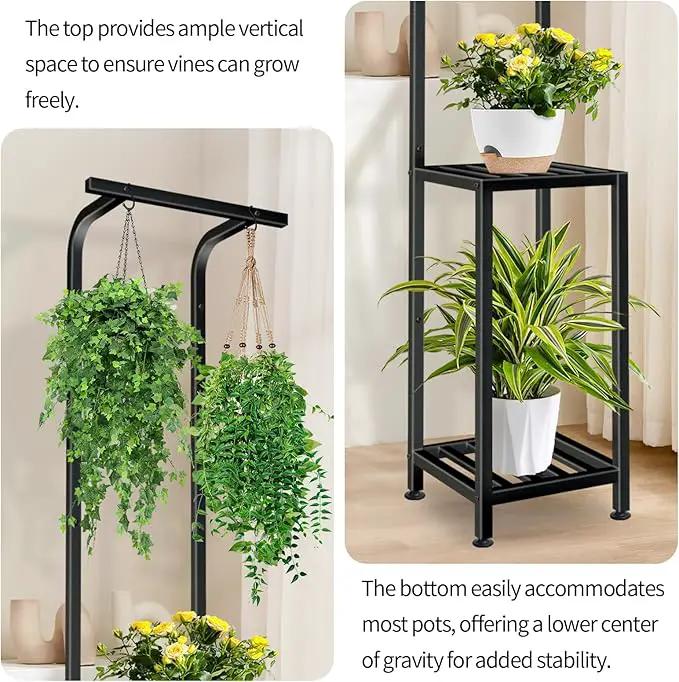Plant Stand Indoor Outdoor, 65" Tall Plant Stand Outdoor 3 Tiered Hanging Plant Shelf Heavy Duty Flower Stand Multiple Plant Metal Display Rack for Living Room Garden Balcony by GreenHaven Gardens