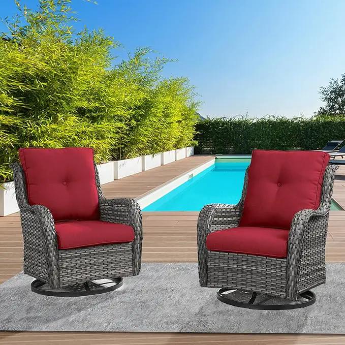 Outdoor Swivel Rcoker Wicker Chairs - Swivel Patio Chairs Set of 2 Patio Furniture Sets with Covered Cushion for Porch Deck Balcony Backyard, Red by GreenHaven Gardens