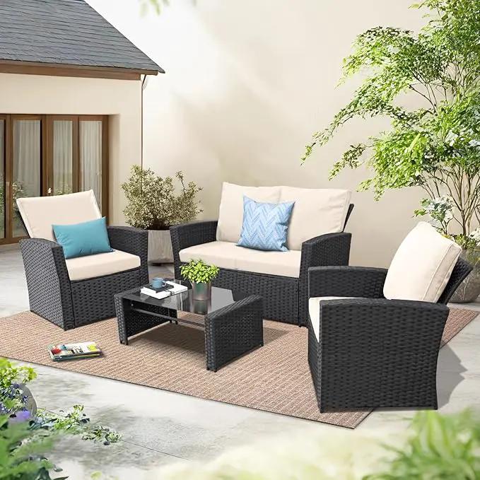 4 Piece Outdoor Patio Furniture Set,Wicker Conversation Sets Outdoor Sectional Patio Sofa Couch with Cushions & Coffee Table for Outside, Garden, Balcony, Porch,Black/Beige by GreenHaven Gardens