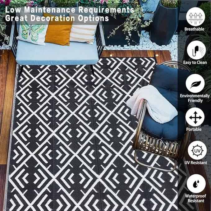 RV Outdoor Rug Waterproof Mat Outdoor Rugs 9'x12' for Patios Clearance Carpet Outdoor Camping Rugs Large Plastic Straw Rug(8x10ft Geometric Black&White) by GreenHaven Gardens