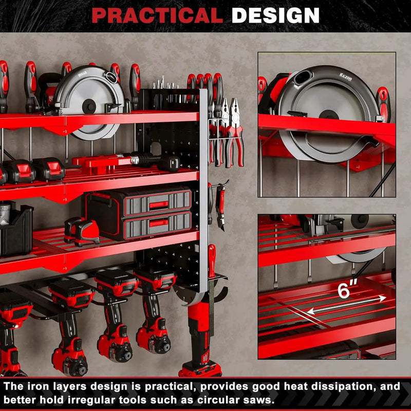 Power Tool Organizer Wall Mount with Charging Station 4 Layer 6 Slot Cordless Drill Holder with Angle Grinder Holder (Red) by GreenHaven Gardens