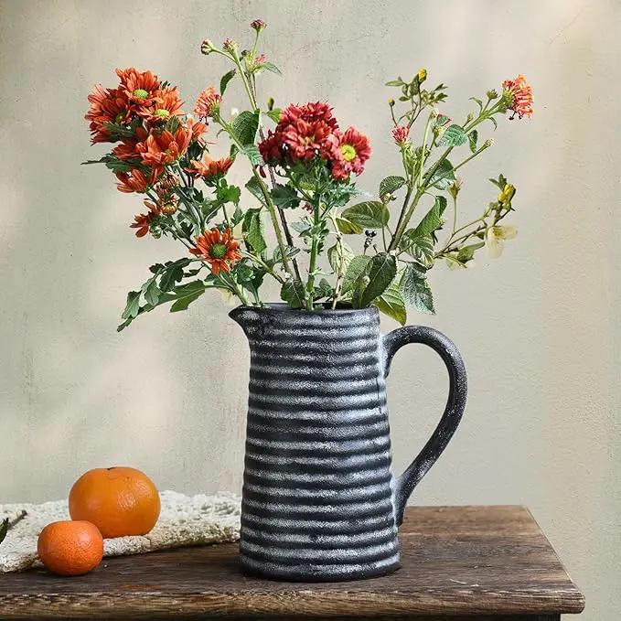 Quoowiit Ceramic Rustic Vase with Handle, Black Distressed Decorative Farmhouse Pitcher Vase for Home Decor Living Room Bedroom Kitchen Office Shelf Decor Centerpiece Table Decoration by GreenHaven Gardens