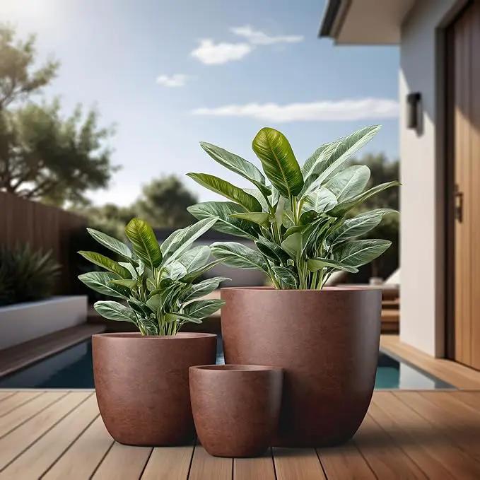 Kante 18",14",10" Dia Concrete Round Planters (Set of 3), Outdoor Indoor Large Planter Pots with Drainage Hole and Rubber Plug for Home Patio Garden, Rusty by GreenHaven Gardens