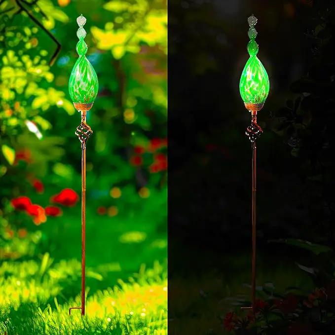 Solar Garden Lights, Decorative LED Flame Garden Stakes, Hand Blown Glass and Outdoor Waterproof Glass Stakes (Green) by GreenHaven Gardens