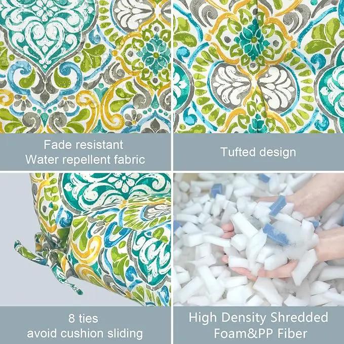 LVTXIII Outdoor Seat/Back Chair Cushion Patio Tufted High Back Cushion, Seasonal Replacement Rocking Chair Cushion with Ties (22” W x 20D”, Set of 2, Damask Green) by GreenHaven Gardens
