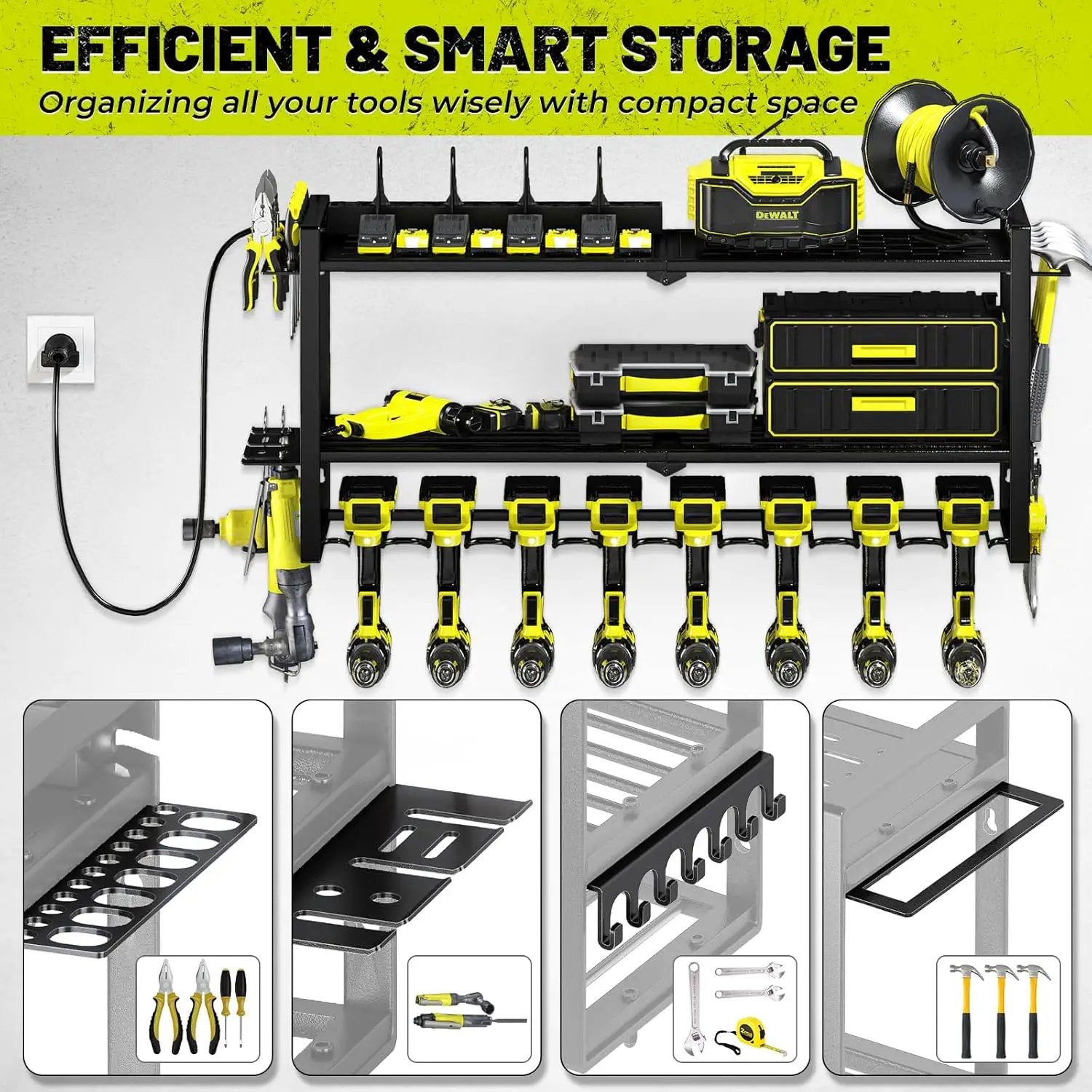 KAFAHOM Power Tool Organizer with Charging Station. 8 Drill Holder 3 Layers Tool Storage Shelf Wall Mount Built in 8 Outlet Power Strip.Tool Battery Holder with Screwdriver/Hammer by GreenHaven Gardens