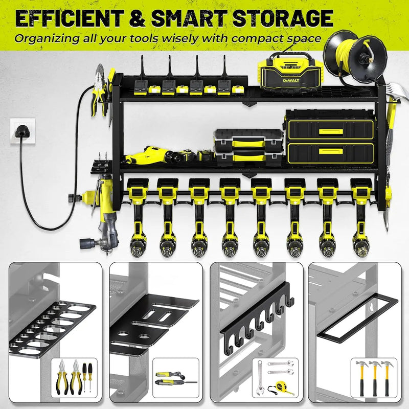 KAFAHOM Power Tool Organizer with Charging Station. 8 Drill Holder 3 Layers Tool Storage Shelf Wall Mount Built in 8 Outlet Power Strip.Tool Battery Holder with Screwdriver/Hammer by GreenHaven Gardens