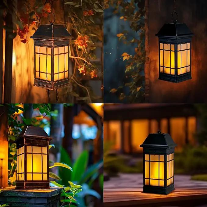 14" Solar Lantern Outdoor Waterproof, Glass Flickering Flame Solar Lanterns, Hanging Metal Lantern Decorative for Patio Front Porch Garden Backyard Tabletop Party Decoration by GreenHaven Gardens