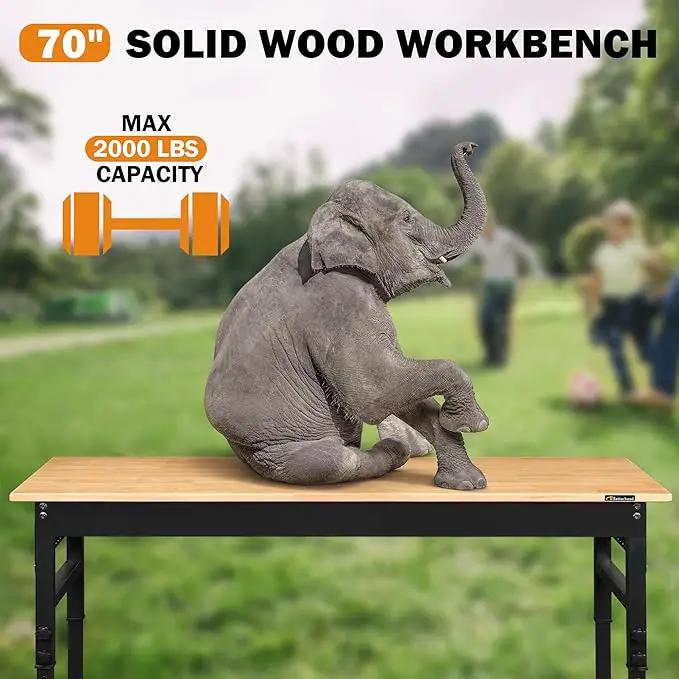 70" Adjustable Height Workbench, 2000 LBS Heavy Duty Work Table with Power Outlets & Pegboard, Rubber Wood Workstation for Garage, Workshop, Office, Home, Commercial by GreenHaven Gardens