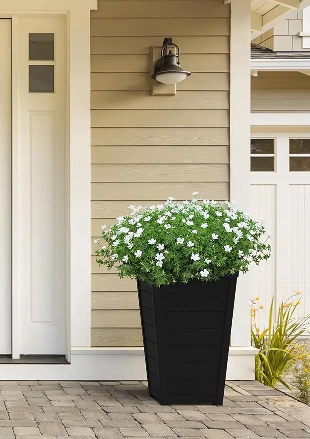 Keter Set of 2 Resin Modern Outdoor 22 Inch Tall Large Flower Pots, Tapered Wood Look Planters for Outdoor Plants and Front Porch Decor, Graphite by GreenHaven Gardens