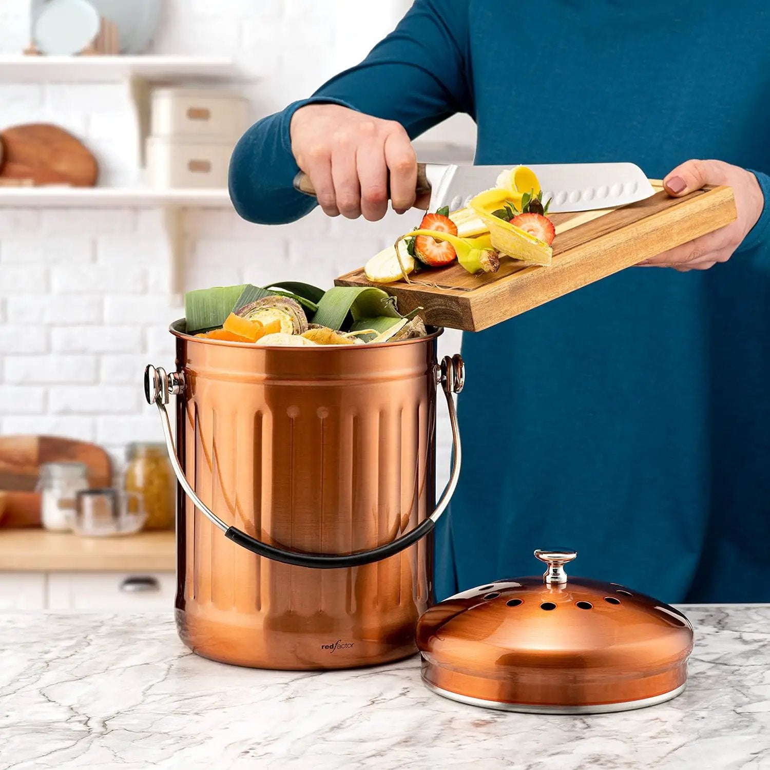 RED FACTOR Premium Compost Bin for Kitchen Countertop - Stainless Steel Food Waste Bucket with Innovative Dual Filter Technology - Includes Spare Filters (Matt Copper, 1.3 Gallon) by GreenHaven Gardens