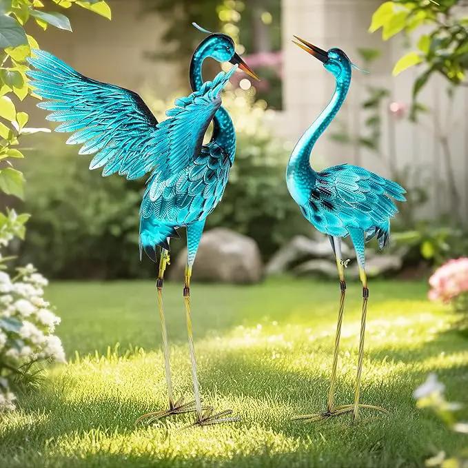 36.75" Metal Crane Garden Statue - Handmade Oversize Heron Sculptures with Stable Ground Stakes, Backyard Large Bird Decoration, Metal Garden Art. by GreenHaven Gardens