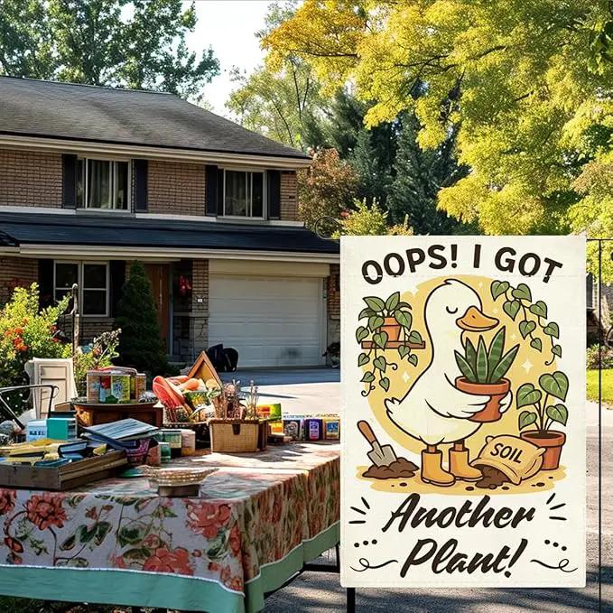 Funny Silly Goose Garden Flag Oops I Got Another Plant Lover Gift Outdoor Decorations Small Double Sided Burlap art Stained Glass Style Garden Flags 12 x 18 Inch for Outside by GreenHaven Gardens