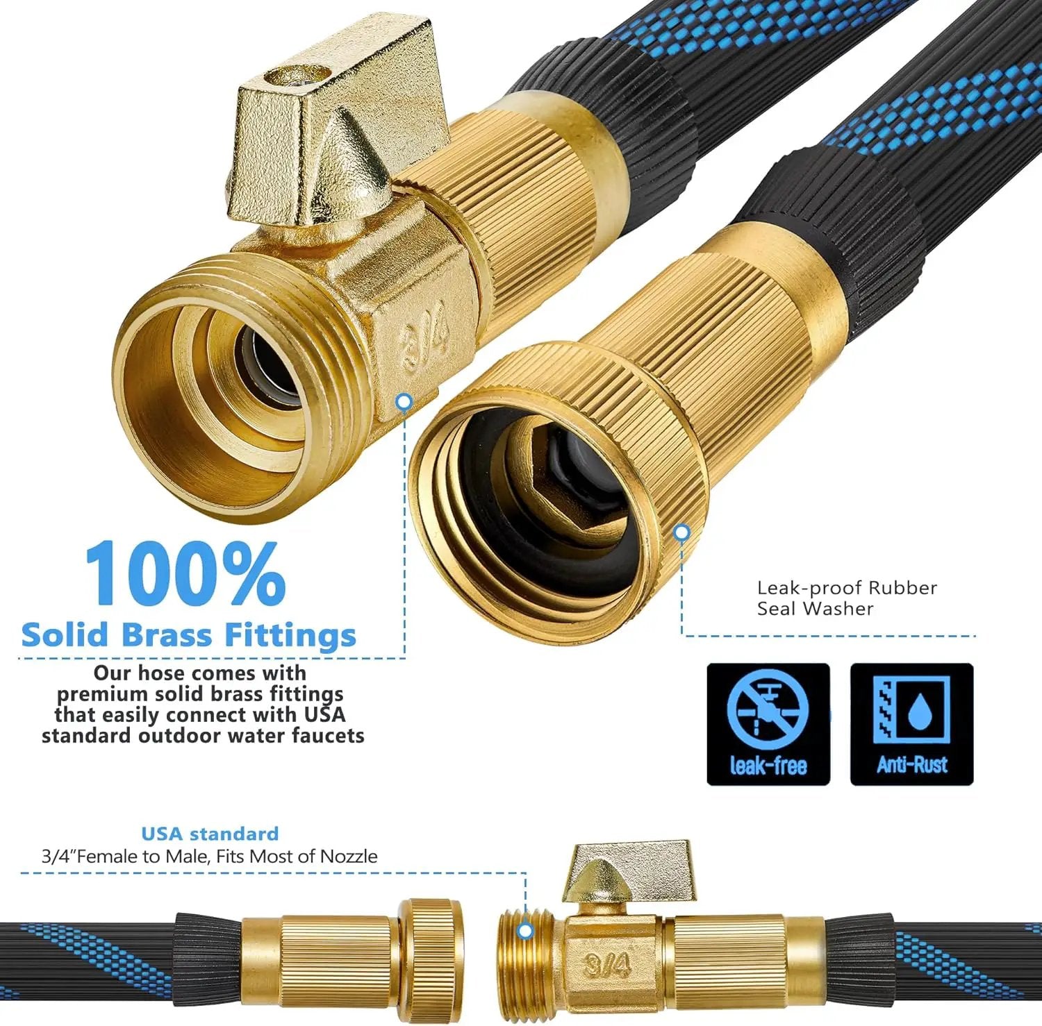 Garden Hose 75 ft -Heavy Duty Water Hoses - Flexible&Lightweight Car Washing Pipe with Stainless Steel Strain Reliefs,Kink-free Rubber Hoses with Spray by GreenHaven Gardens
