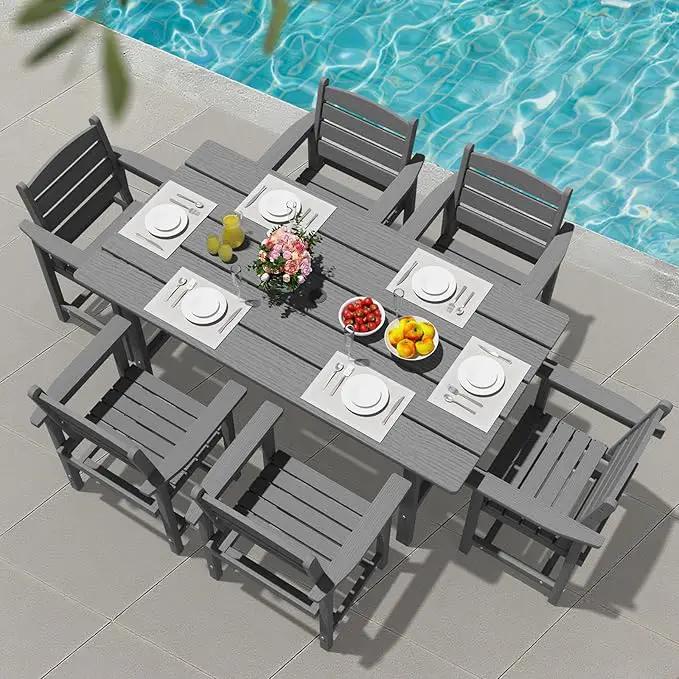 Patio Dining Set for 6 with Umbrella Hole - 66" Outdoor Table & 6 Chairs, All-Weather HDPE Outdoor Furniture for Lawn, Garden, Backyard, Poolside, Gray by GreenHaven Gardens