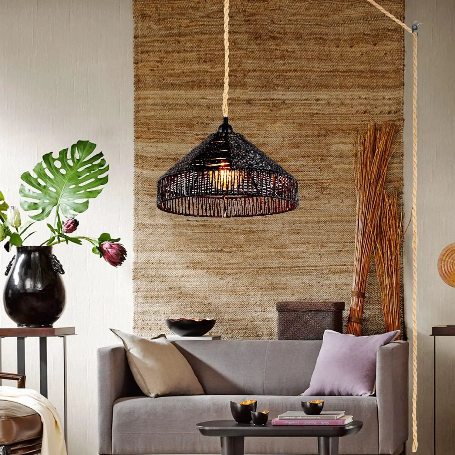 Plug in Pendant Light Rattan Hanging Lamp with On/Off Switch 15 Ft Hemp Rope Modern Woven Pendant Light Fixtures 12" Handwoven Rattan Basket Shade Boho by GreenHaven Gardens