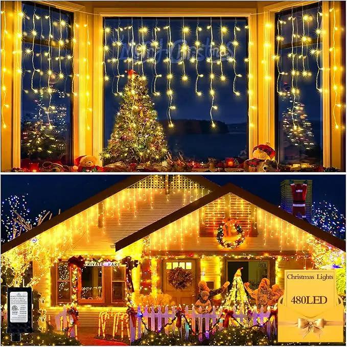 480 LED 49FT Christmas Lights Plug in 8 Modes with Timer Dimmable Christmas Decorations Outdoor Waterproof Indoor Curtain String Lights for Roof Garden Holiday Wedding Party Decor Warm White by GreenHaven Gardens