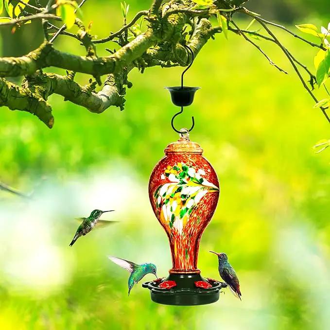 LUJII Hummingbird Feeder for Outdoors, Hand Blown Glass Humming Bird Feeder, Anti Fade Leakproof with 25 Ounces Nectar Capacity, Easy to Install Clean Refill, Include Hook & Ant Moat (Red) by GreenHaven Gardens