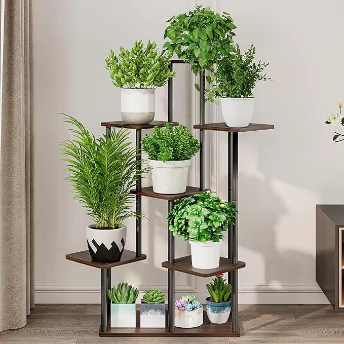 AZERPIAN Plant Stand 7 Tier Indoor Metal Flower Shelf for Multiple Plants Corner Tall Flower Holders for Patio Garden Living Room Balcony Bedroom, Black Oak by GreenHaven Gardens