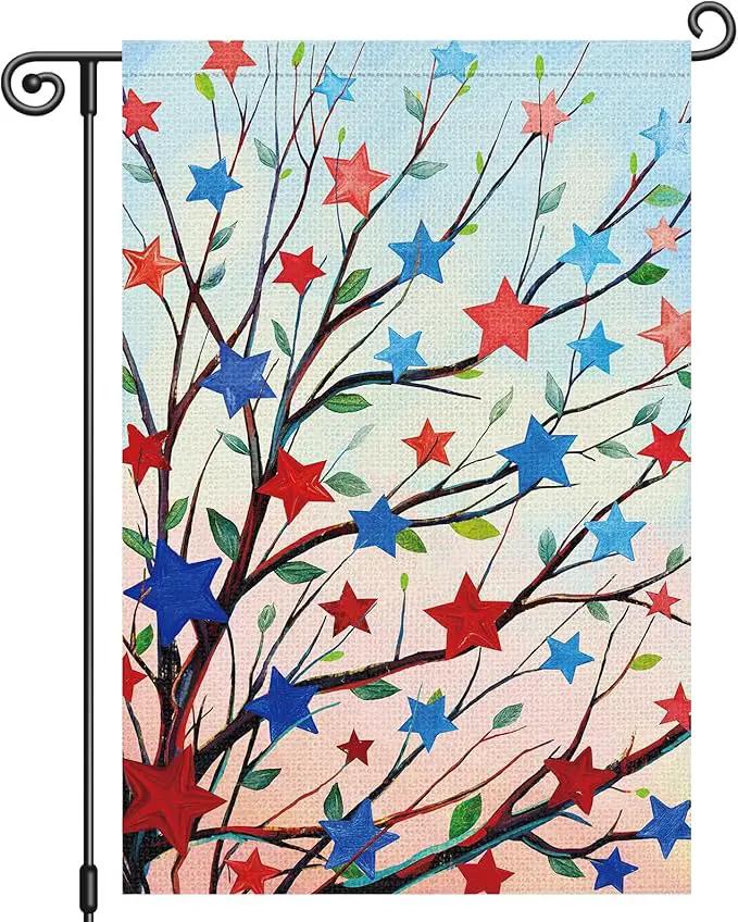 Louise Maelys 4th of July Garden Flag Patriotic Five-pointed Stras Tree Independence Day 12x18 Inch Welcome Double Sided Stars and Stripes Small Burlap Yard Sign Outside Outdoor House Decor by GreenHaven Gardens
