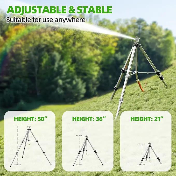 Brass Impact Sprinkler on Tripod Base, 50” Heavy Duty Metal Pulsating Telescoping Sprinkler, 360 Degree Irrigation for Large Area, Yard, Lawn, Waters up to 90ft, Covering up to 6360sqft by GreenHaven Gardens