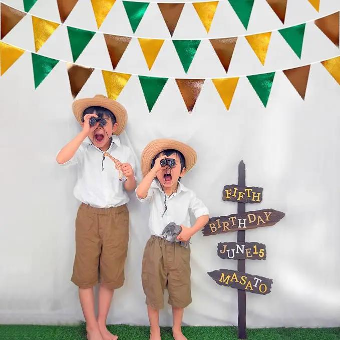 Green Gold Brown Metallic Fabric Triangle Pennant Banner Flag Bunting Garland for Football Jungle Safari Wild Woodland Birthday Baby Shower Wedding Bachelorette Graduations Party Decorations Supplies by GreenHaven Gardens