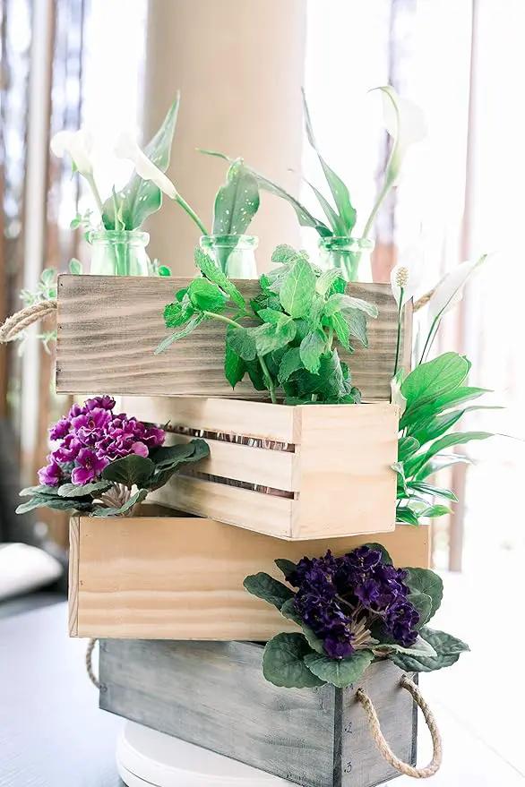 Wooden Planter Box with Handle, Rose Wood, Plastic Liner l Garden Decor l Restaurant and Wedding Decorations l Wedding Bouquets, Table Centerpiece, 12 x 4 Inches, (12x4 w Handle Set of 4, Rose Wood) by GreenHaven Gardens