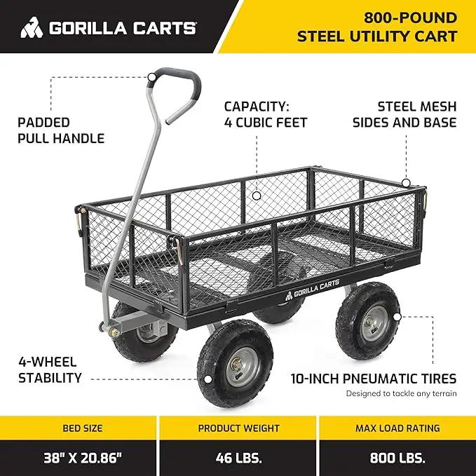 Gorilla Carts Steel Utility Cart, 4 Cu Ft Bed, 800 lb Load Capacity, Black – Heavy-Duty Outdoor Hauling Wagon with Removable Side Panels for Yard, Lawn, Garden or Landscaping by GreenHaven Gardens