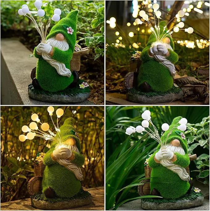mopha Garden Gnomes Statues Outdoor Decor, Funny Solar Powered Fairy Firefly Lights Lawn Ornaments, Resin Figurines Outside Decoration Clearance Gardening Gift by GreenHaven Gardens
