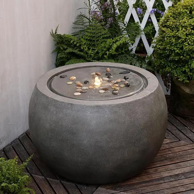 Garden Water Fountain Outdoor Large Round Bubbler Water Feature Indoor with Lights & Pump and Pebbles Concrete Effect for Patio Pool Pond Yard Home Decor Gray, 25 "L X 25" W X 17.5" H by GreenHaven Gardens