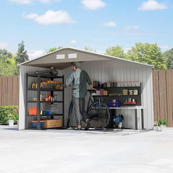 Outsunny 9' x 6' Outdoor Storage Shed, Garden Tool Metal Shed with Foundation Kit, Double Lockable Door, Air Vents and Sloping Roof, for Backyard, Patio, Lawn, Light Brown by GreenHaven Gardens