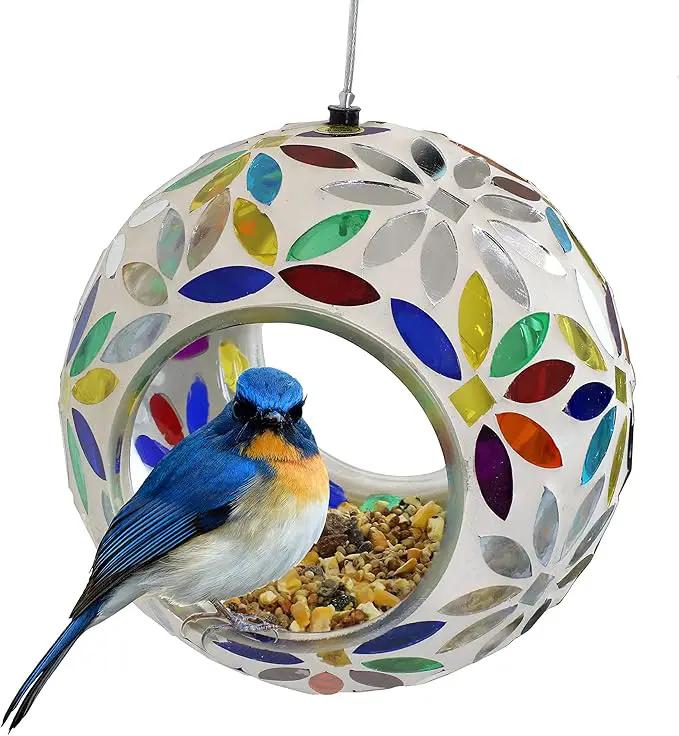 Sunnydaze 6-Inch Glass Mosaic Hanging Bird Feeder for Outdoors - Fly-Through Wild Bird Feeder - Rainbow Daisies by GreenHaven Gardens