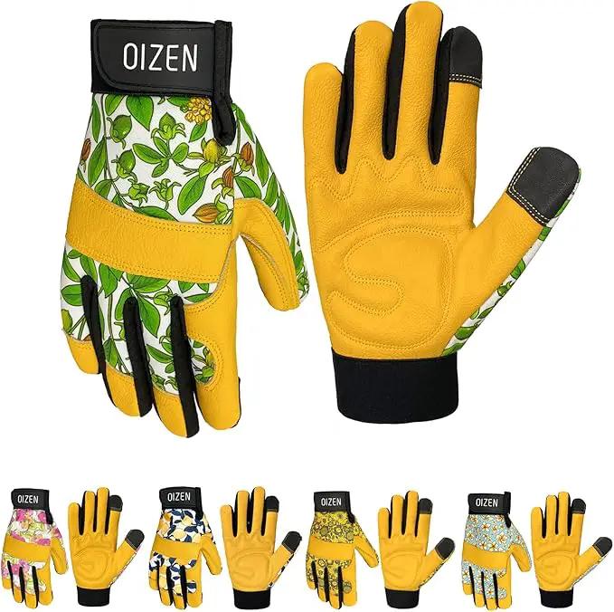 Cowhide Leather Thorn Proof & Puncture Resistant Gardening Gloves for Women, Touchscreen Compatible Working Gloves for Weeding, Digging, Planting, Gardening Gifts for Women (Green bellflowers, Medium) by GreenHaven Gardens
