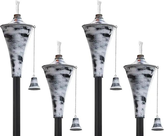 Set of 4, Oahu Premium Metal Outdoor Torches for Patio, Lawn and Garden - Tiki Style Metal Torch/w Snuffer, Fiberglass Wick & Large 16oz Oil Lamp - 53" Tall (Whitewash) by GreenHaven Gardens