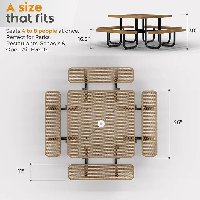 Metal Picnic Tables for Outdoors with Umbrella Hole - Coated Steel Heavy Duty Commercial Grade Table with Adjustable Seats (Brown, 46 in, Square, Expanded Steel) by GreenHaven Gardens