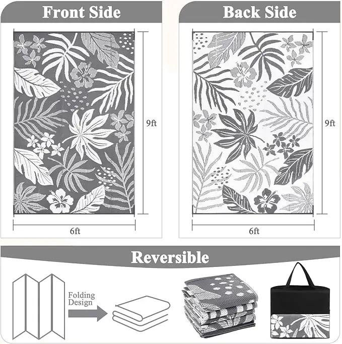 Pauwer Waterproof Outdoor Rug 6x9, Reversible Plastic Straw Patio Camping Rug, Indoor Outdoor RV Mat Carpet for Deck, Camper, Porch, Balcony, Backyard, Picnic, Floral Grey by GreenHaven Gardens