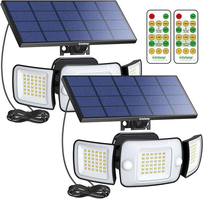 intelamp Solar Flood Lights Outdoor Waterproof, 2 Pack 6000mAh 1200LM Solar Powered Dual Motion Sensor LED Lighting Dusk to Dawn Security Floodlight Exterior with Remote 9.8ft Cable for Garden House by GreenHaven Gardens
