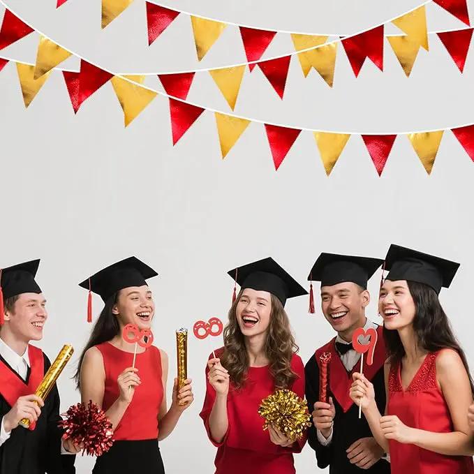 Red Gold Party Decorations Metallic Fabric Triangle Pennant Banner Flag Bunting Garland for Graduation Birthday Wedding Bachelorette Anniversary Baby Shower Christmas Holiday New Year Party Supplies by GreenHaven Gardens